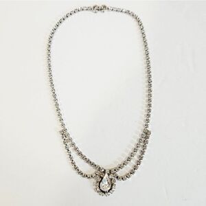 Vintage Mid Century Art Deco Teardrop Draped Clear Studded Rhinestone Necklace